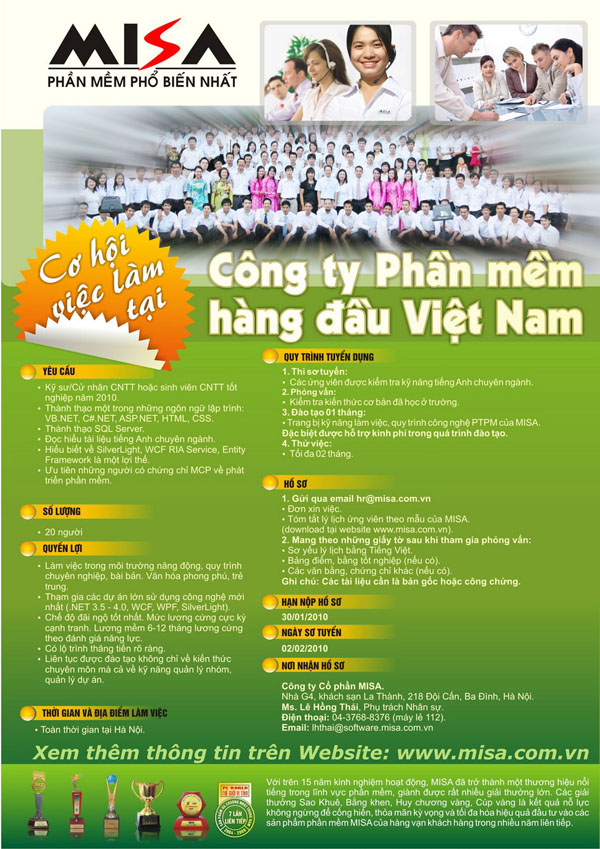 Những vị trí tuyển dụng hấp dẫn tại Trung tâm PTPM trong tháng 1/2010